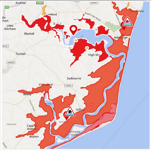 Flood map for places at risk between Thorpeness, Stratford St Andrew, Butley and Orford