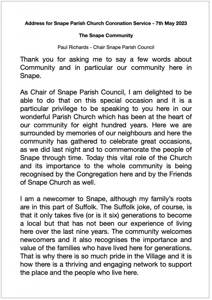 230507 PaulRs Coronation Address at Snape Ch p1of3