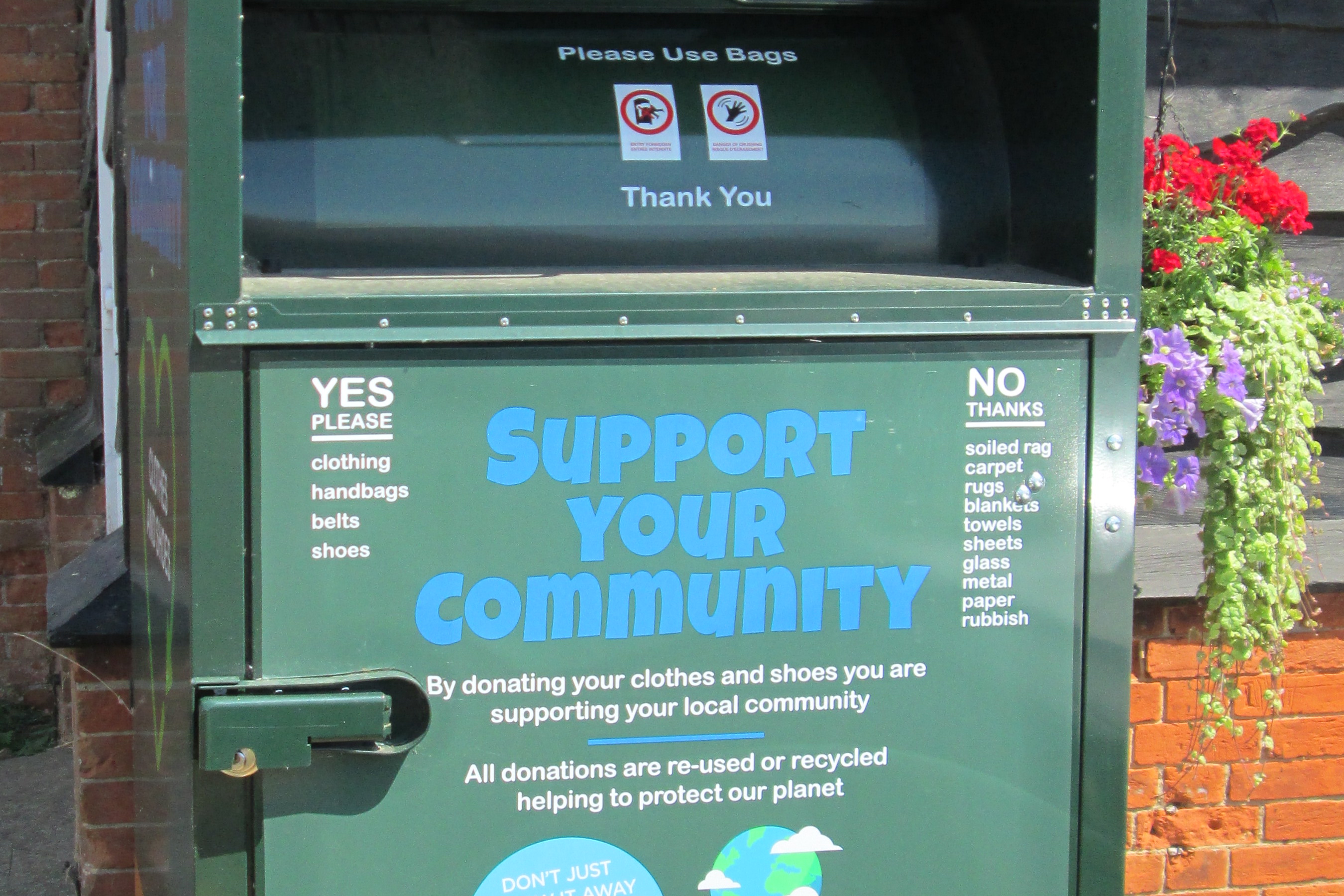 Clothes bin at the Village Hall